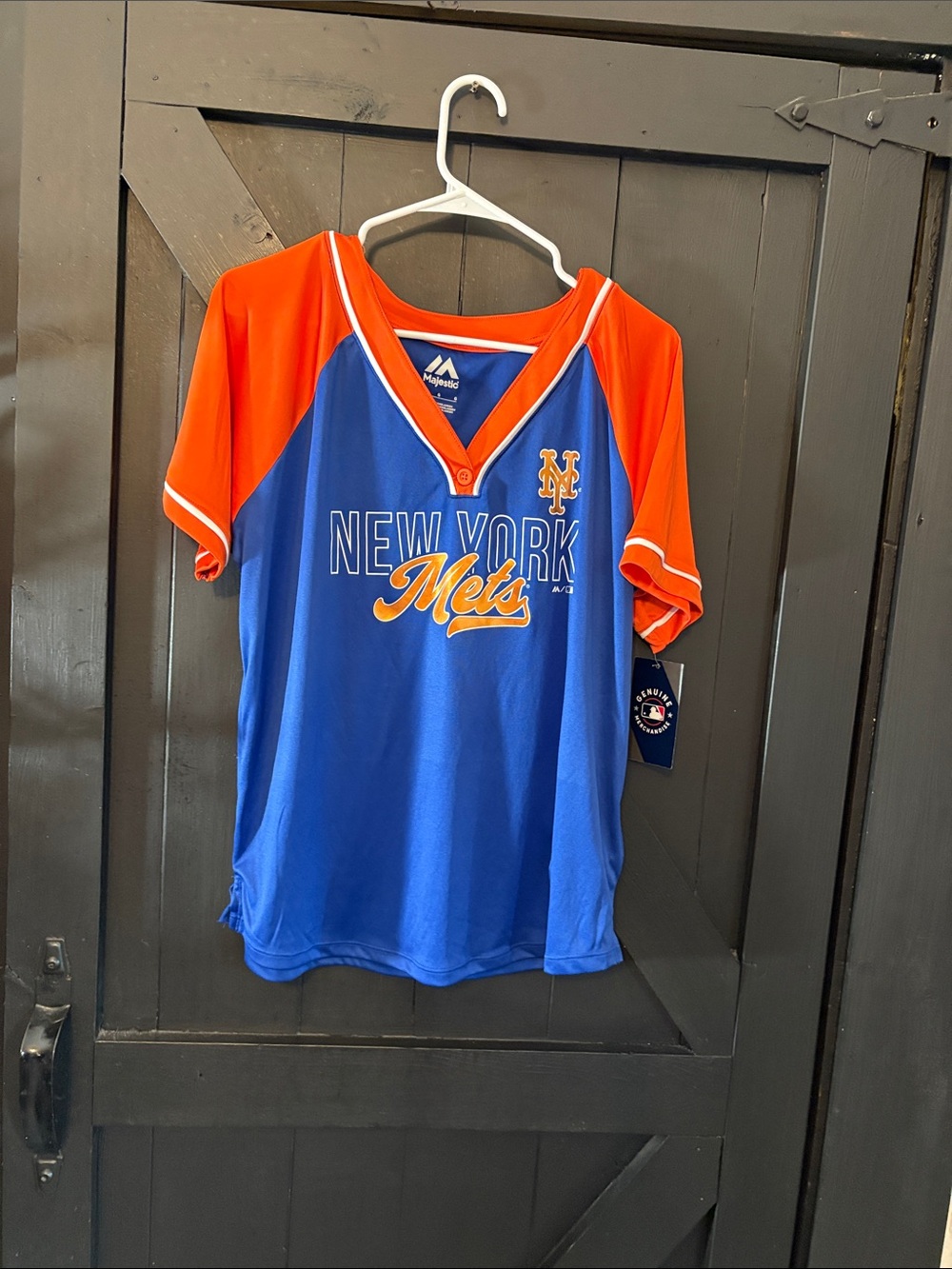 Majestic New York Mets Blue and Orange Women's V-Neck Jersey